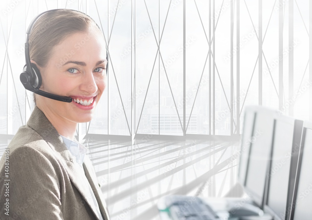 Poster Smiling customer service woman working in office