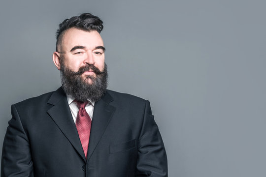 Adult bearded man in a suit on a gray background