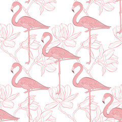 Naklejka premium Flamingo and magnolia. Seamless vector pattern on a white background.