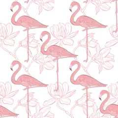 Fototapete Flamingo Flamingo and magnolia. Seamless vector pattern on a white background.