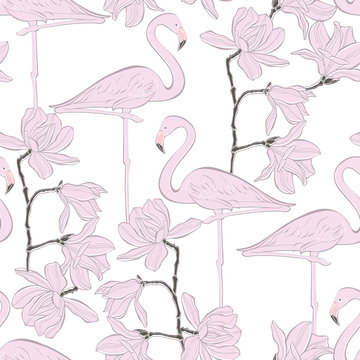 Flamingo and magnolia. Seamless vector pattern on a white background.