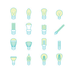 Different Lamp or Light Bulbs Line Icons Set. Vector