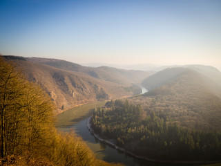 View on foggy river Saar in germany