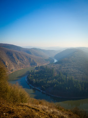 View on foggy river Saar in germany