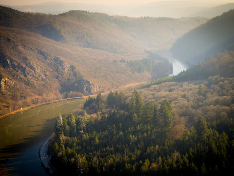 View on foggy river Saar in germany