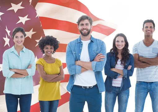 Friends group standing with arms crossed against american flag