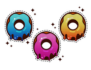 Donuts set  with  glaze. Colorful halftone effect donut icons set in simple, minimalistic and modern flat design style for candy shop.