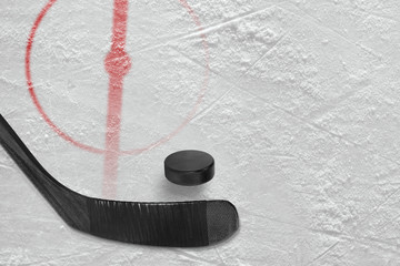 Obraz premium Fragment of ice hockey rink with a stick and puck