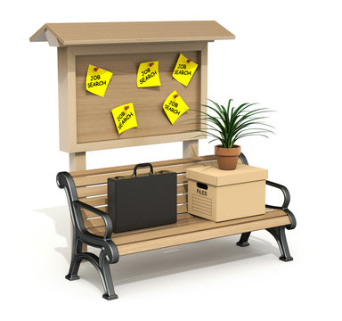 Briefcase, storage box and pot with plant on the park bench with wooden board - 3D illustration