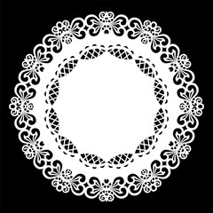 Lace round paper doily, lacy snowflake, greeting element,  template for cutting  plotter, laser cut  template, doily to decorate the cake,  vector illustrations.