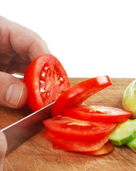 chop tomatoes and cucumbers