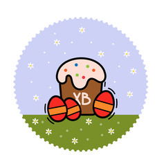 Easter flat picture on a blue background with daisies in a circle.