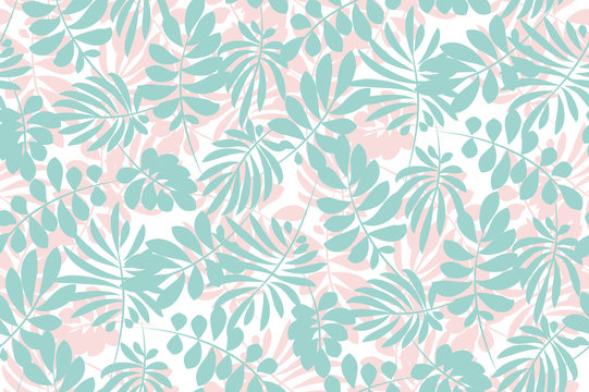 pale color tropical leaves seamless pattern in simple flat style. surface design vector illustration for print, wrapping paper, fabric, background.