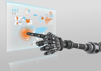 Robot hand pointing at futuristic interface