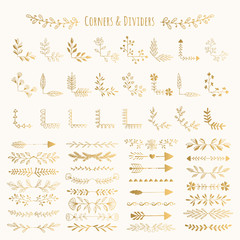Vector golden corners and dividers. Isolated.