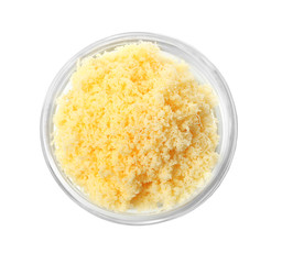 Glass bowl with grated cheese on white background