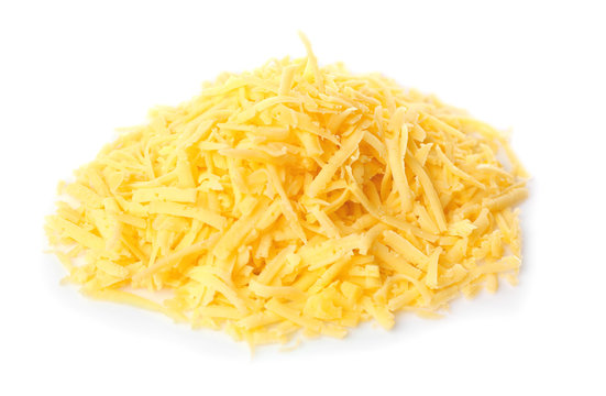 Pile of grated cheese on white background