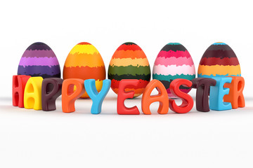 Happy easter 3d  text  Colorful striped eggs. 3D illustration