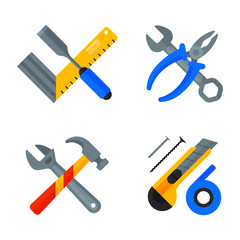 Home repair tools icons working construction equipment set and service worker macter box flat style isolated on white background vector illustration.