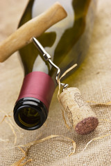 Fototapeta na wymiar wine bottle and corkscrew on a canvas