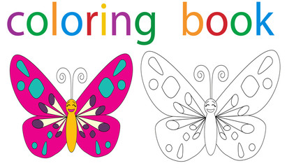Vector, book coloring butterfly pink