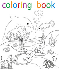 Obraz premium Vector, book coloring the underwater world, fish