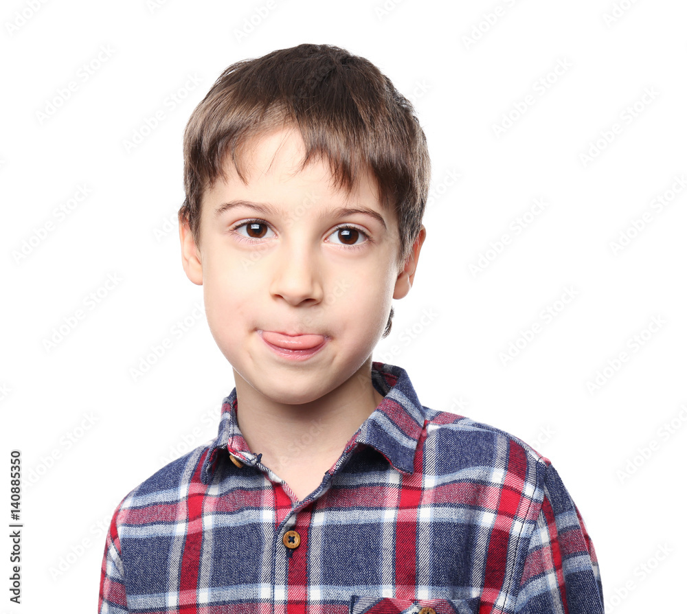 Wall mural Portrait of cute little boy on white background