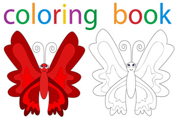Vector, book coloring butterfly red, isolated