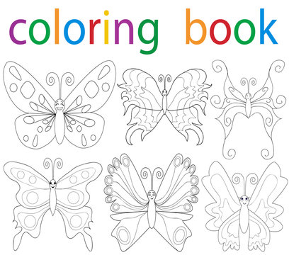 Vector, book coloring cartoon butterfly collection