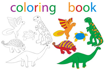Vector, book coloring cartoon dinosaur set