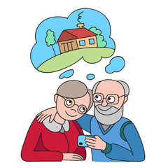 Senior couple with credit card dreaming about house. Banking concept illustration.