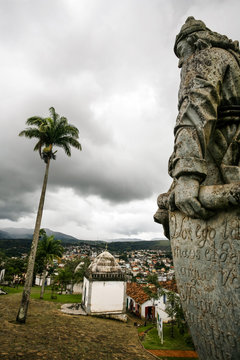 View down over the chapels from The Basilica do Bom Jesus de Matosinhos with the statues of the prophets by Aleijadinho in Congonhas, Minas Gerais, Brazil.
