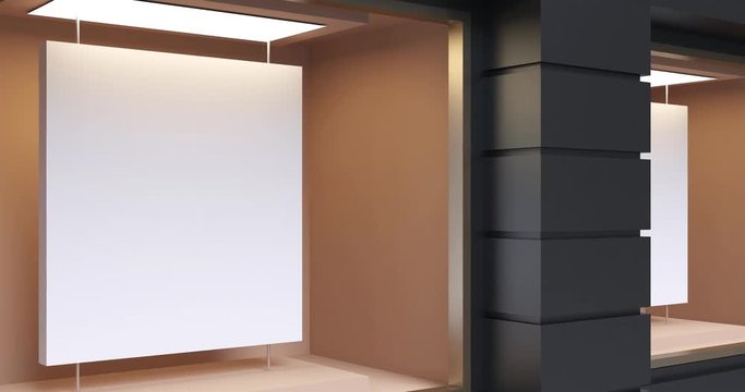 4k. Facade of the building shop with a signboard and a showcase.