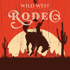 Rodeo cowboy riding wild horse on a wooden sign, vector - obrazy, fototapety, plakaty