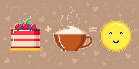 vector illustration of cake, cappuccino cup and smiling yellow face on brown background with hearts