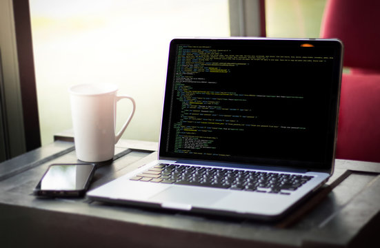"Developer Team Working Laptop Computer Mobile Application Softwareand Web Design Online Technology Content , Web script , laptop display."