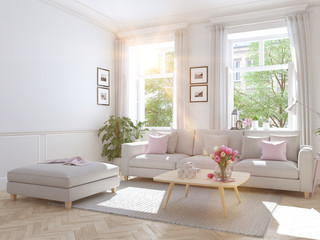modern living room in townhouse. 3d rendering - obrazy, fototapety, plakaty