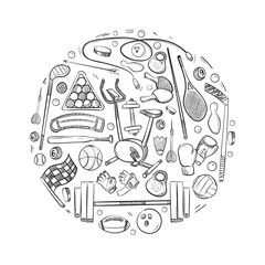 Active sports things vector doodle icons set