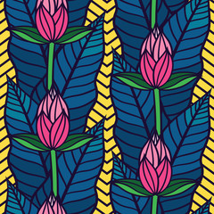 Seamless vector pattern with  tropical  leaves and flowers.