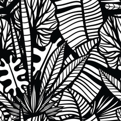 Black and white seamless vector pattern with  tropical  leaves.