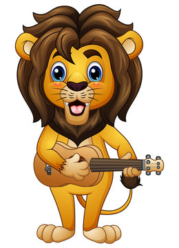 Funny lion cartoon playing guitar