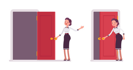 Set of young attractive secretary opening and closing the door