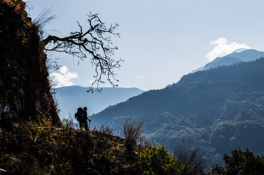 Hiker Enjoying the View Along the Everest Base Camp Trek Between Jiri and Lukla in the Nepalese Himalayas