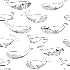 Cute hand drawn whales. Monochrome Vector seamless pattern.