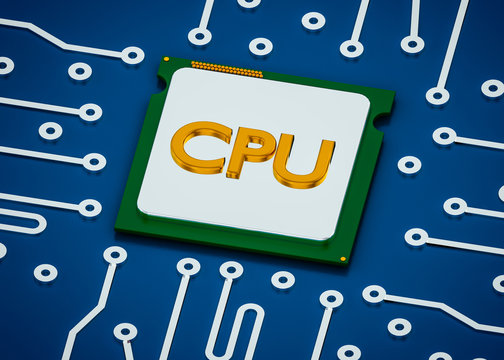 CPU on printed circuit board 3D rendering isometric view