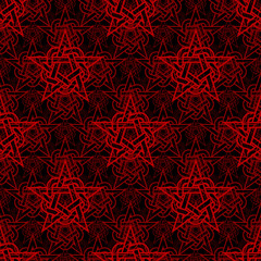 Abstract star seamless pattern. Red outline stars on black background texture. Vector illustration