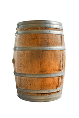 Wooden barrel with iron rings. Isolated on white background. Clipping paths included.