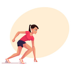 Young and pretty female runner, sprinter, jogger ready to start, cartoon vector illustration with place for text. Woman, girl running, sprinter, standing on starting blocks