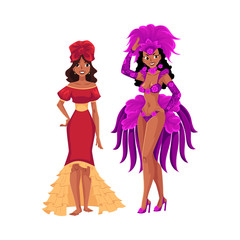 Obraz na płótnie Canvas Two women dressed for Brazilian carnival in Rio de Janeiro, samba dancers in feather suit and ruffled dress, cartoon vector illustration isolated on white background. Brazilian women in carnival suits