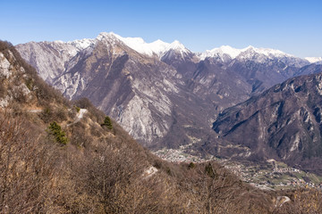 Fototapeta na wymiar View from Monte San Simeone to Venzone and Julian Alps